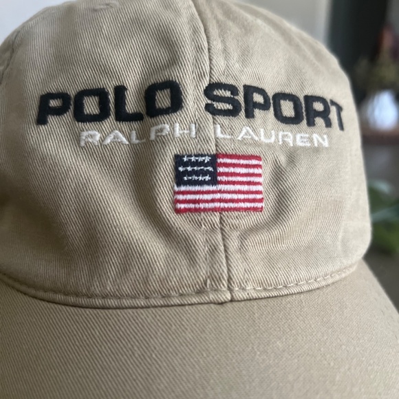 Polo Ralph Lauren Baseball Cap Tan Embroidered American Flag Made in USA - Picture 3 of 9